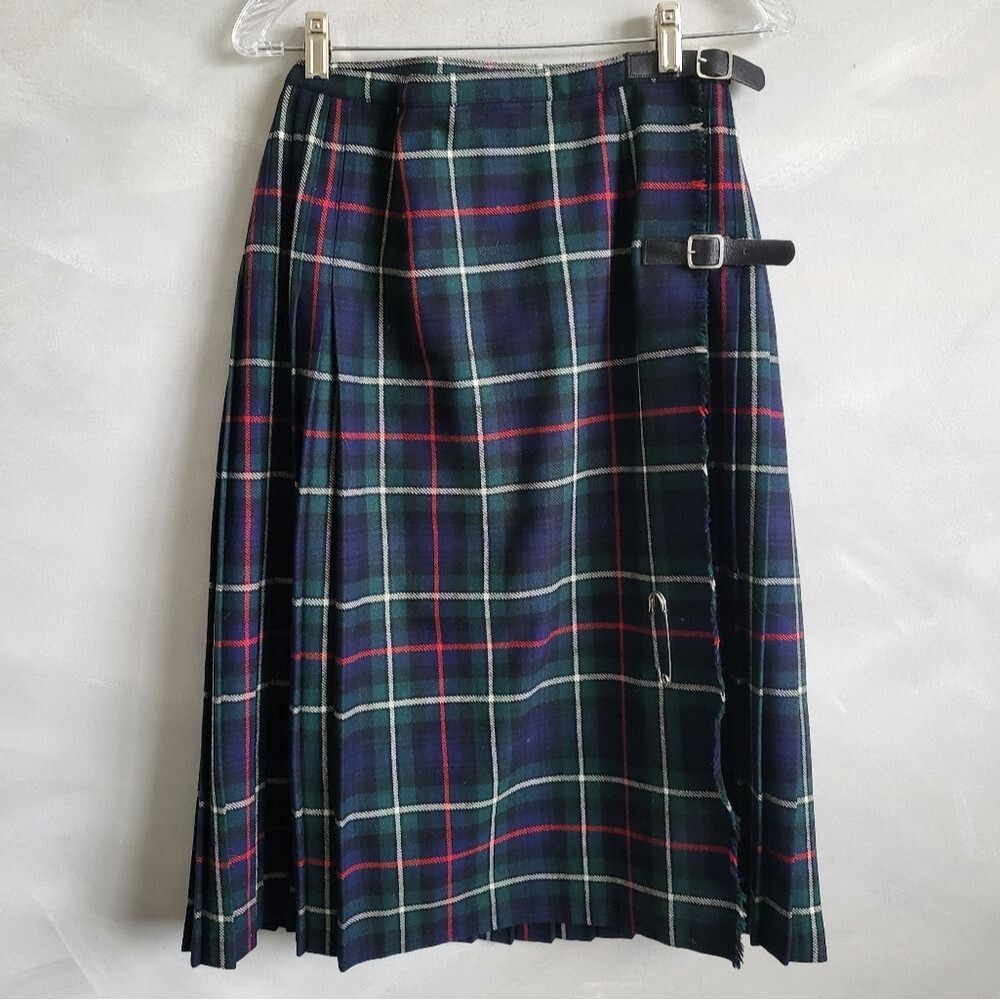 Archie Brown & Son Hunting Fraser Tartan Kilt Blue Green Plaid Pleat Wool Sz 12